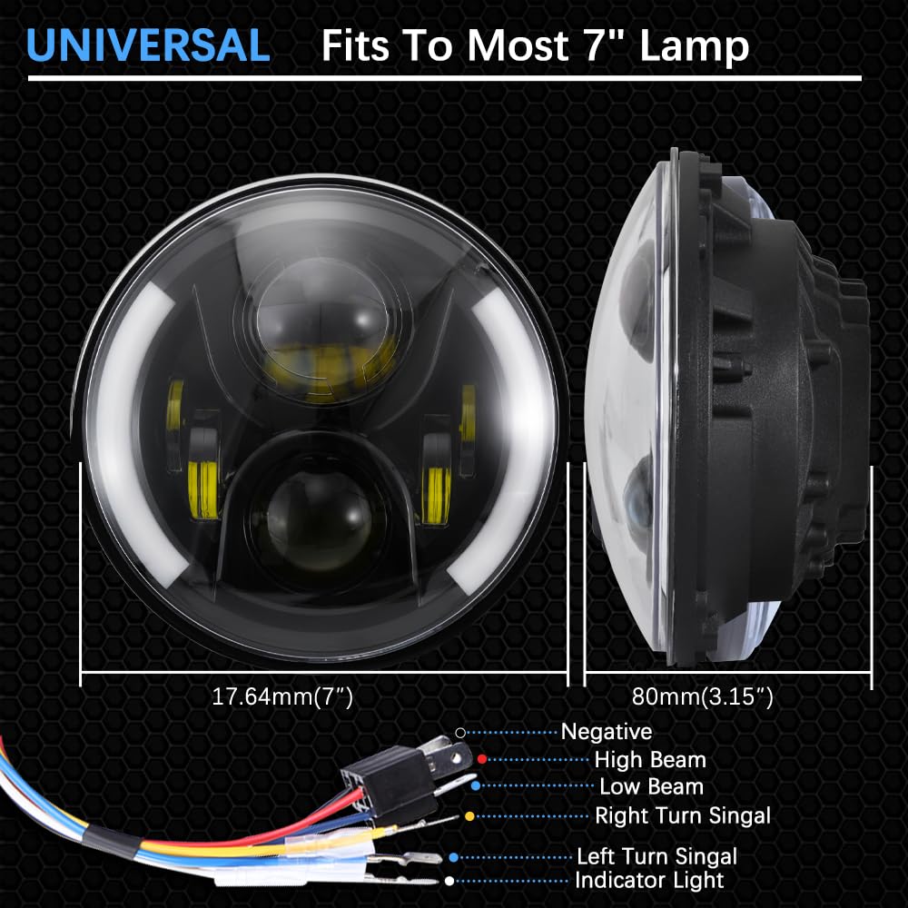 DREAMIZER Faro LED per Moto da 7 pollici Approvato E con DRL Bianco Angel Eye Indicatore Ambra Faro Anteriore Compatibile con Harley Road King Street Glide Softail Electra Glide J-eep Wrangler JK TJ
