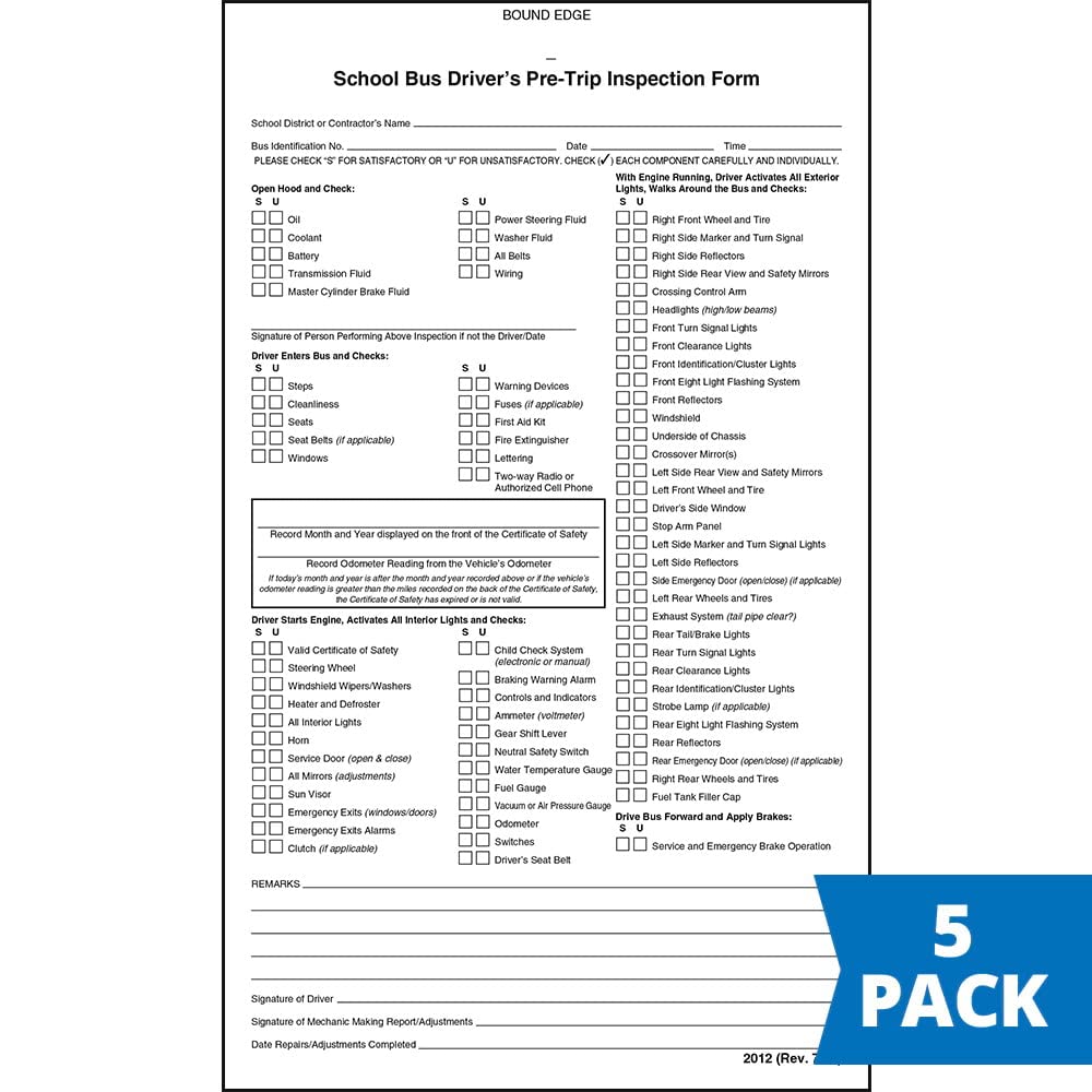 School Bus Driver's Pre-Trip Vehicle Inspection Form 5-pk. - Book Format,  2-Ply Carbonless, 5.5" x 9.25", 31 Sets of Forms Per DVIR Book - J. J.  Keller & Associates : Office Products - Amazon.com