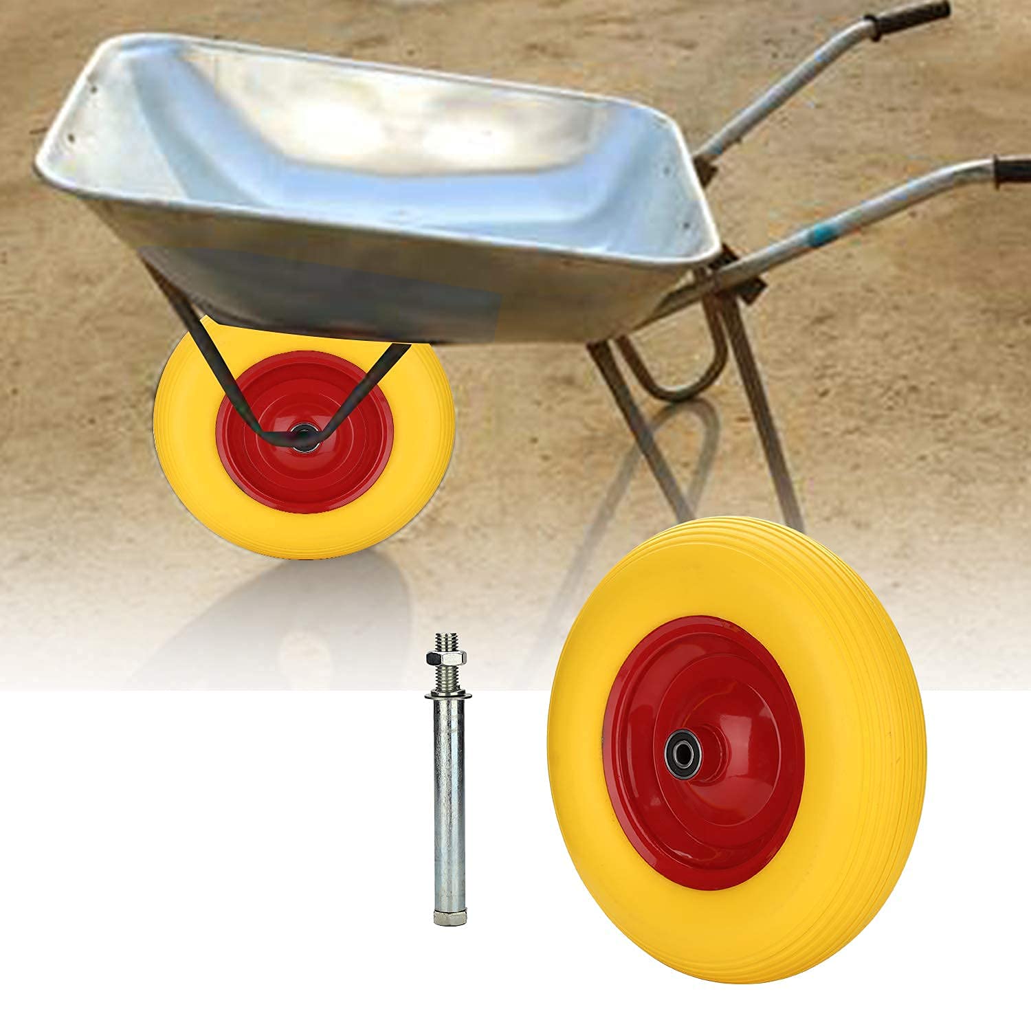 2x Schubkarrenrad 4.80 4.00-8 Vollgummi, Ersatzrad, pannensicher, 200 kg Tragkraft Gummirad mit Achse 95mm Breite, Stahlfelge Reifen gelb-rot, für Gartenkarren
