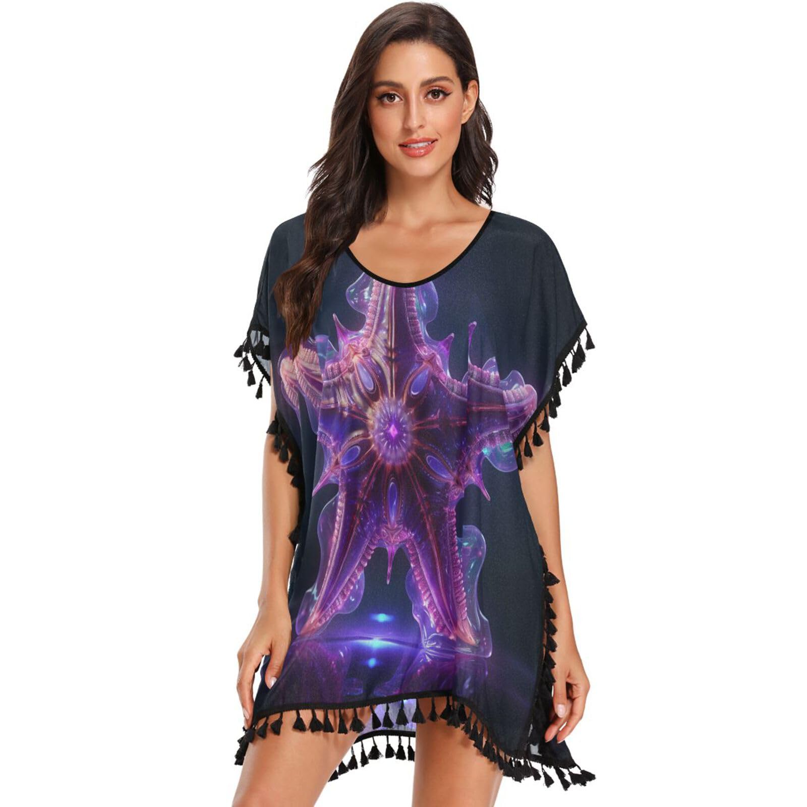Purple Abstract Art Starfish Women's Beach Cover Up Chiffon Tassel Swimwear Swimsuit Coverups for Girl