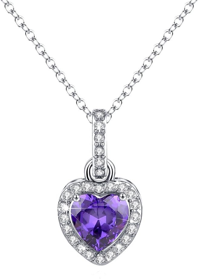 Heart Diamond Necklace Halo Amethyst Pendant Purple February Birthstone Jewelry Christmas Gift Women