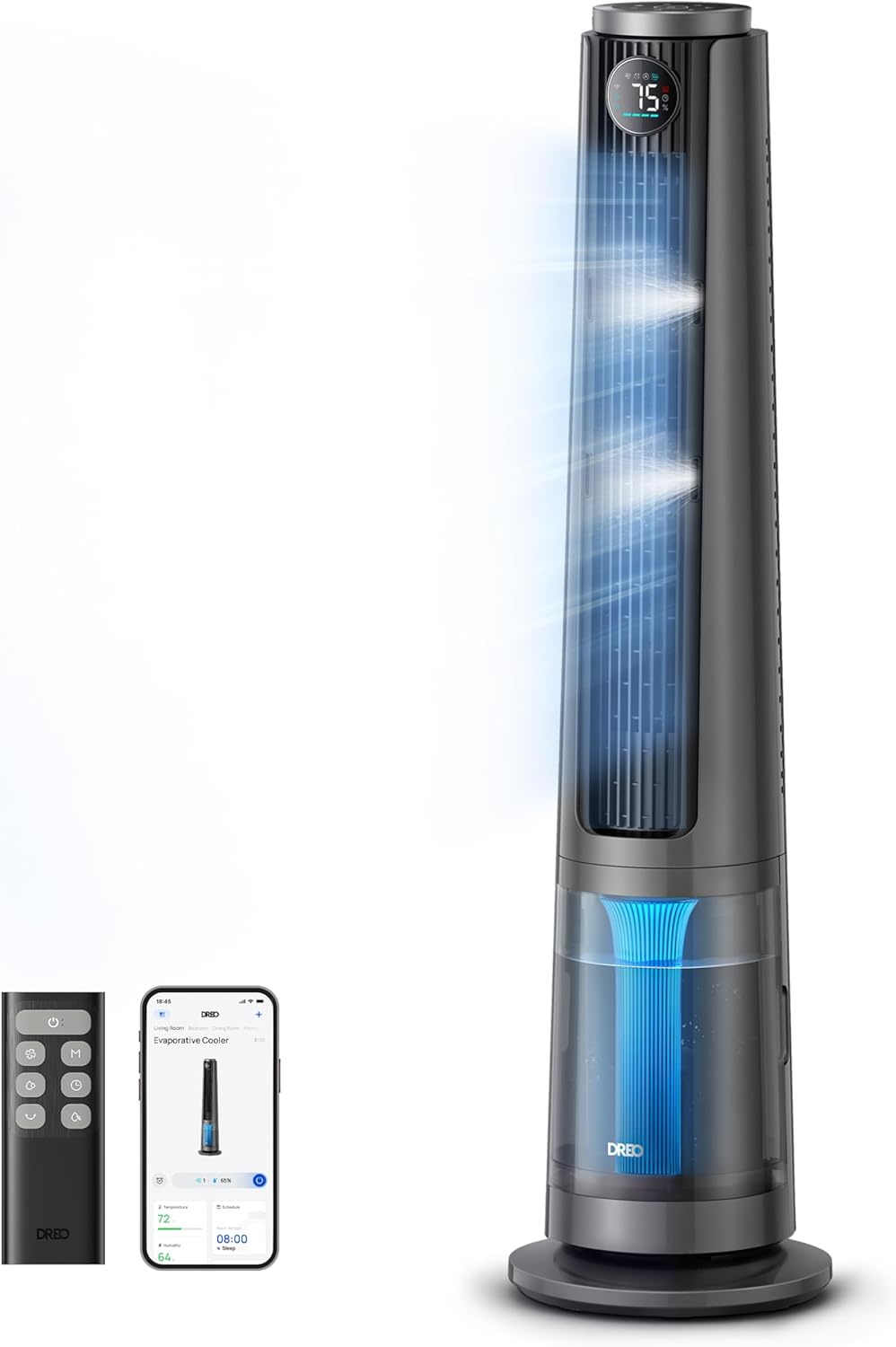 DREO TurboCool Misting Fan 765S, Fans that Blow Cold Air, 10°F Cooling, 34ft/s Fast Evaporative Air Cooler, 6L Tank, 20 dB Quiet DC Motor, 90° Tower Fan with 12 Speeds, 4 Modes for Home, Grey