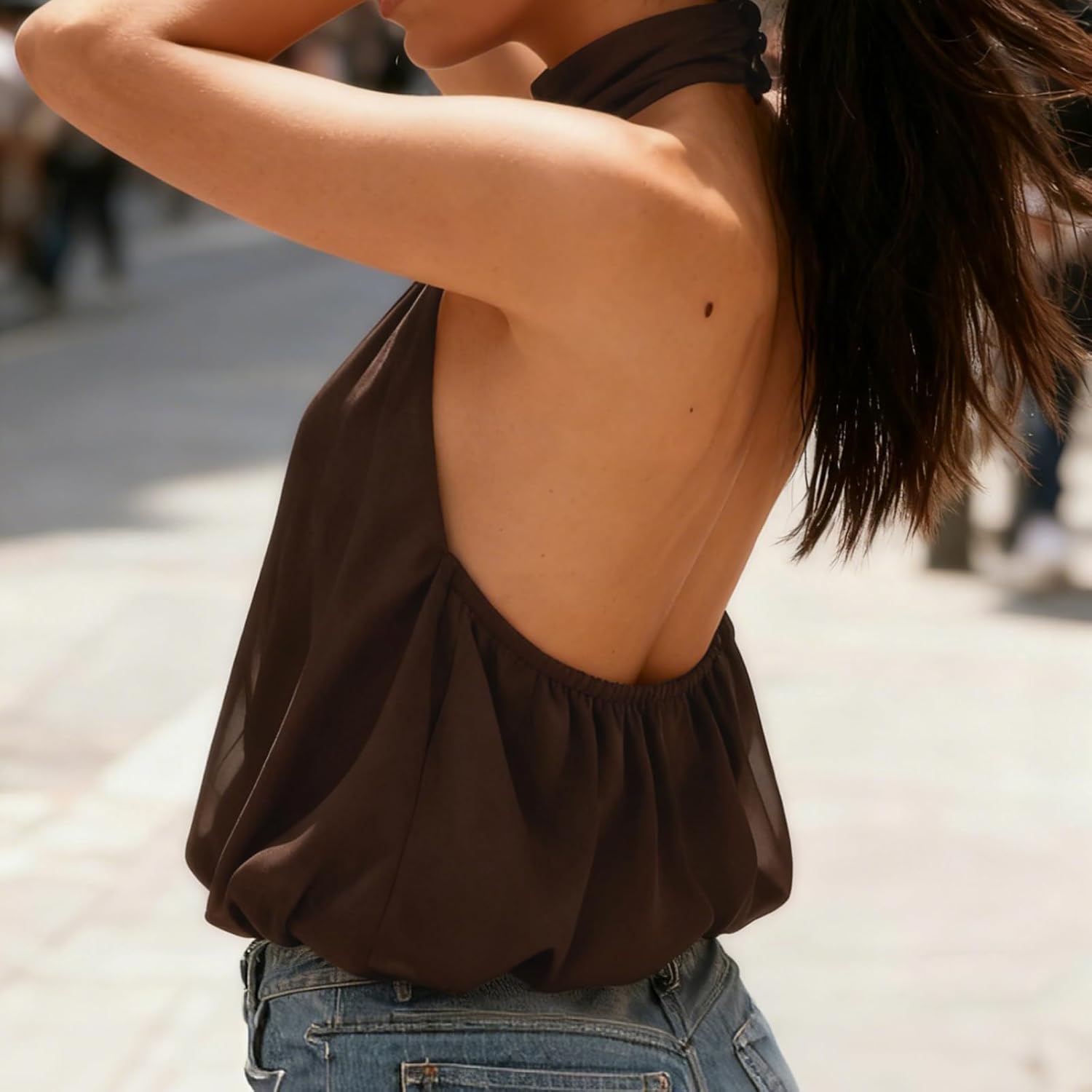 Chiffon Halter Tops Women High Neck Sleeveless Open Back Tie Up Crop Tank Top Y2K Going Out Cami Shirt - Image 4