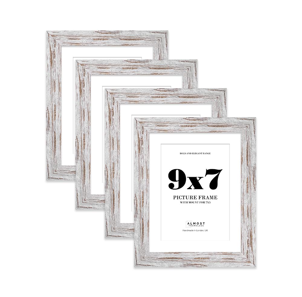 9x7 Distressed Wood Frame With Mount for 7x5 Pictures 28mm Edge Portrait and Landscape Display with Wall Hooks and Kickstand, 4 Pack