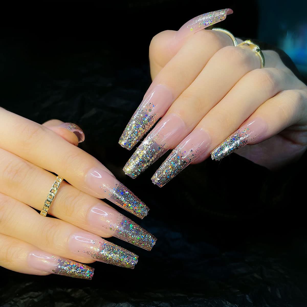 Amazon.com: BYNYTO Press on Nails Coffin Fake Nails with Glitters Glossy  False Nails for Women Girls Long Length Stick on Nails with Sequins :  Beauty & Personal Care
