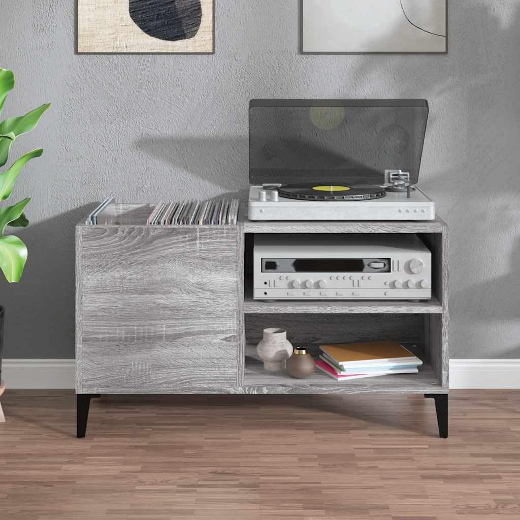Armadio per dischi grigio sonoma, 84,5 x 38 x 48 cm, in legno con gambe in metallo, per vinili, vinili, armadietto multiuso, soggiorno, ufficio, corridoio