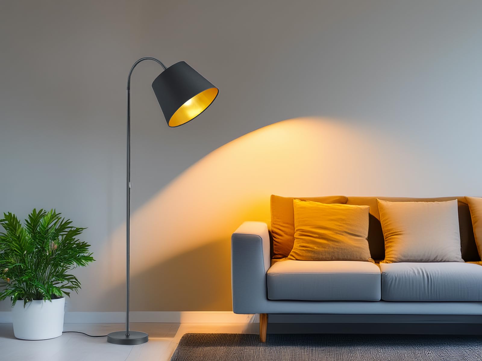 meineWunschleuchte Steh-Lampe gebogen Schwarz Gold mit Stoff Lampenschirm | Höhe 156cm, E27, mit Fußschalter, klassische Stehleuchte, für Wohnzimmer & Schlafzimmer, gemütliche Beleuchtung