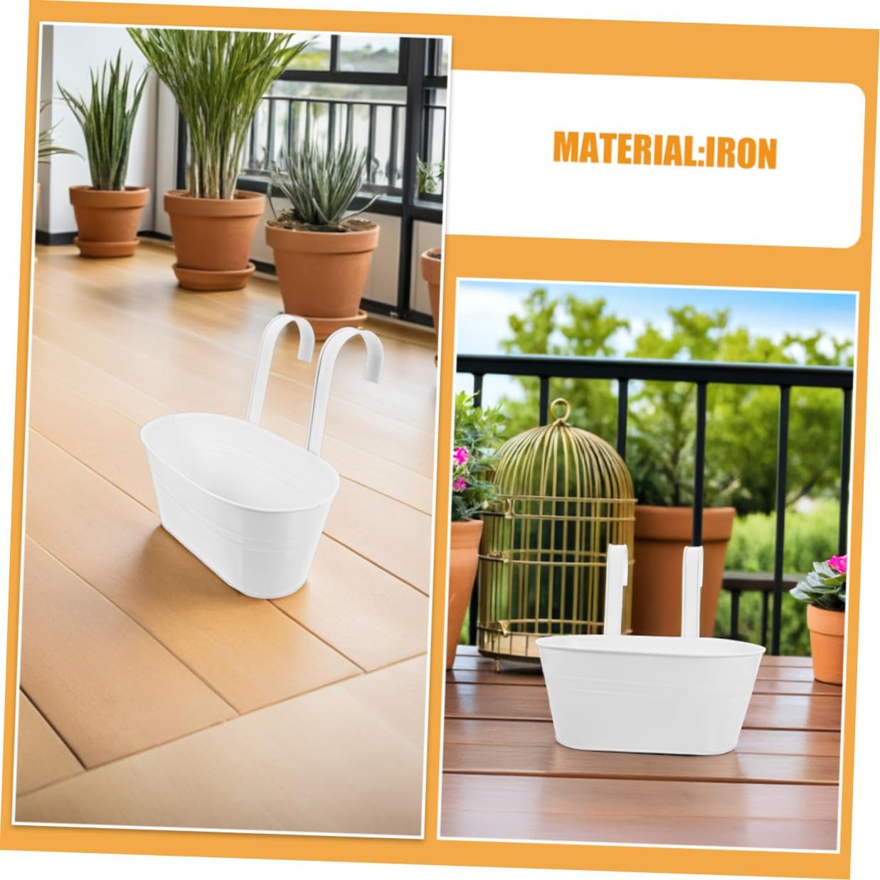 Uonlytech 3pcs White Metal Iron Hanging Flower Pots Balcony Planter Buckets with Detachable Handles Oval 27x14.5cm for Garden Patio Window Railings