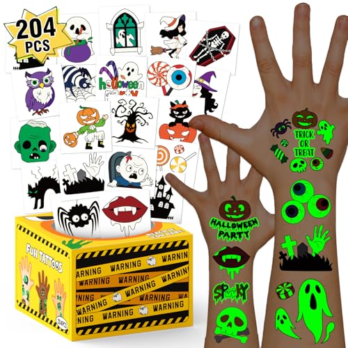 204 PCS Halloween Tattoos for Kids with Mystery Prize Box, Luminous Halloween Party Favors Party Supplies Halloween Treats Non Candy, Halloween Decorations Toys Goodie Bag Stuffers
