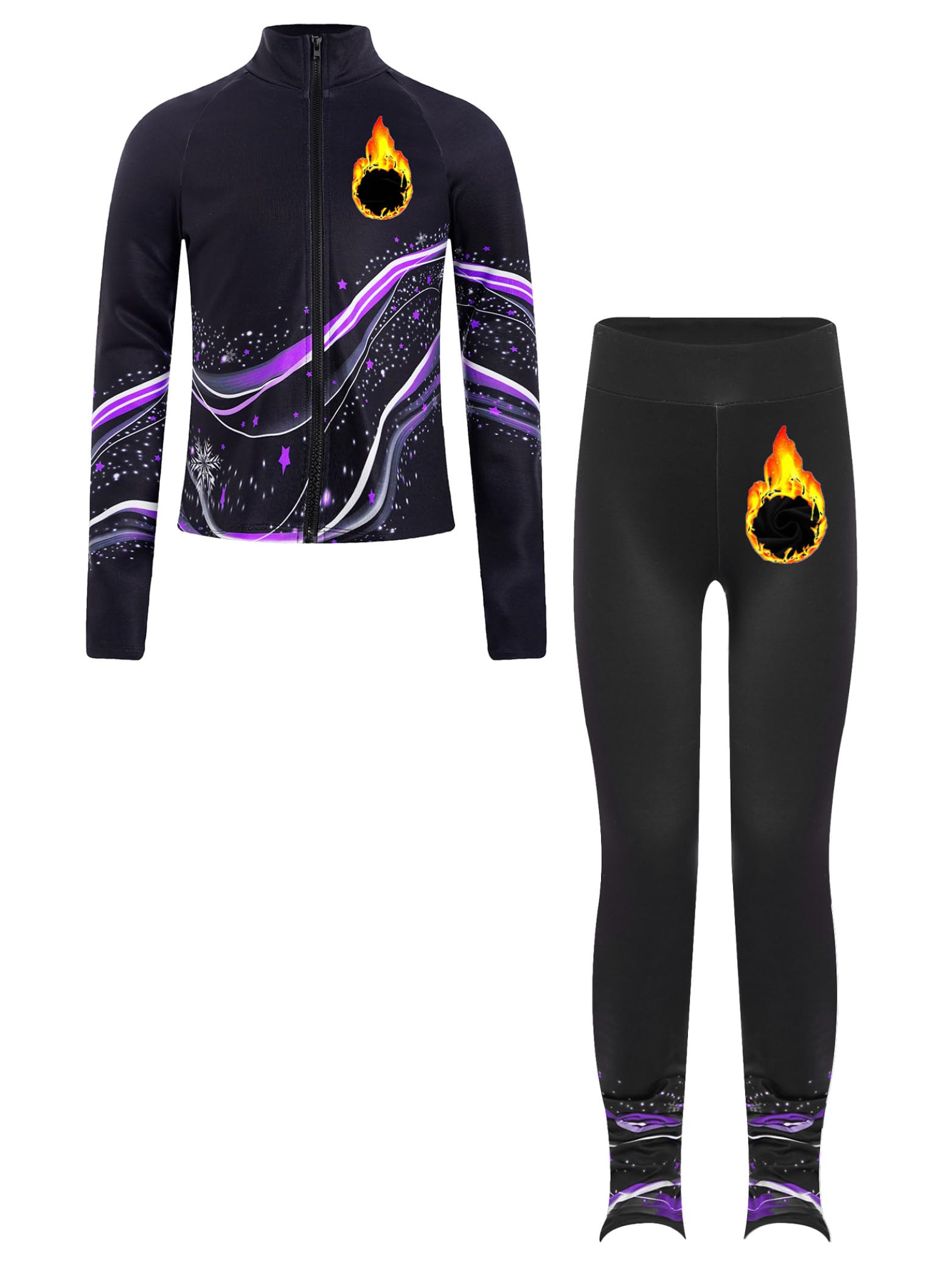 Patinaje Artístico Traje Térmico Niña Manga Larga Chaqueta Deportiva Bloque de Color Patchwork Parte Superior con Pantalones Calientes Polar Leggings Ropa Deportiva