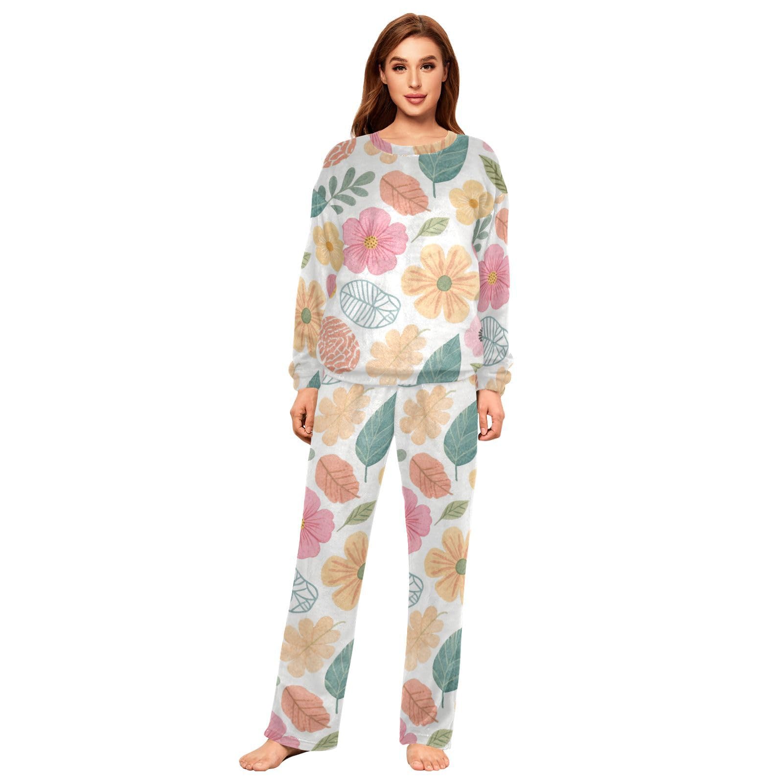 Set pigiama da donna in pile colorato con fiori retrò e pantaloni a maniche lunghe
