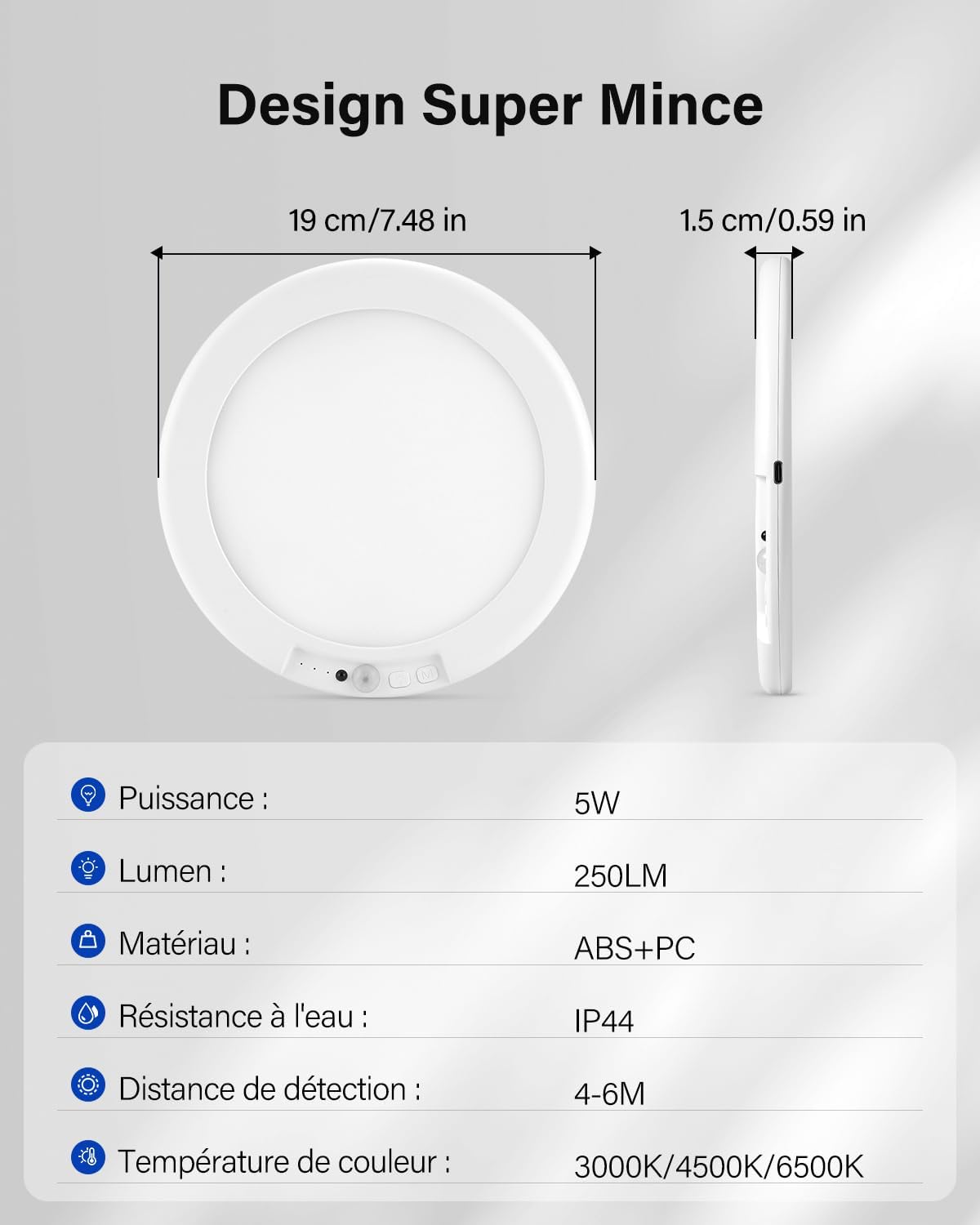 Diagram showing dimensions and key specifications of the Leselux ceiling light