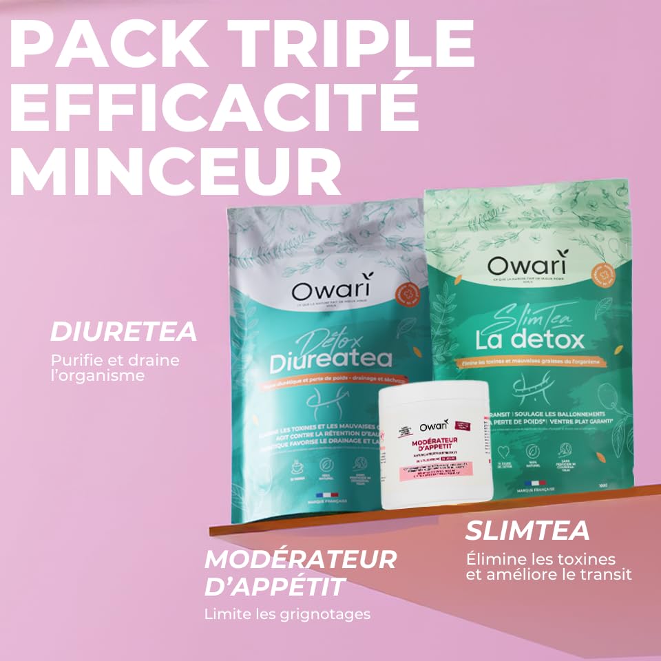 OWARI Pack Triple Minceur - 1x Diuretea, 1x Slim Tea Cure Detox, 1x Poudre Coupe Faim - Set de Produits pour la Perte du Poids - Thé Minceur avec Coupe Faim Puissant et Efficace