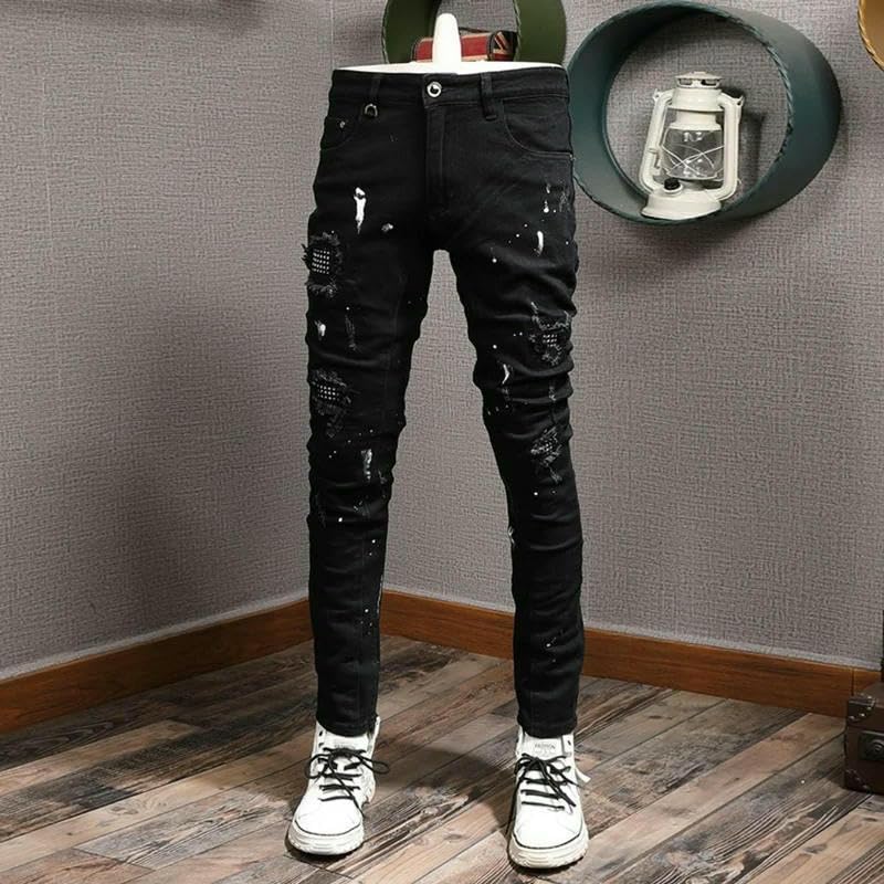 Streetwear Mens Jeans Black Stretch Elastic Slim Fit Painted Ripped Jeans Men Patch Hip Hop Pants Denim Trousers4