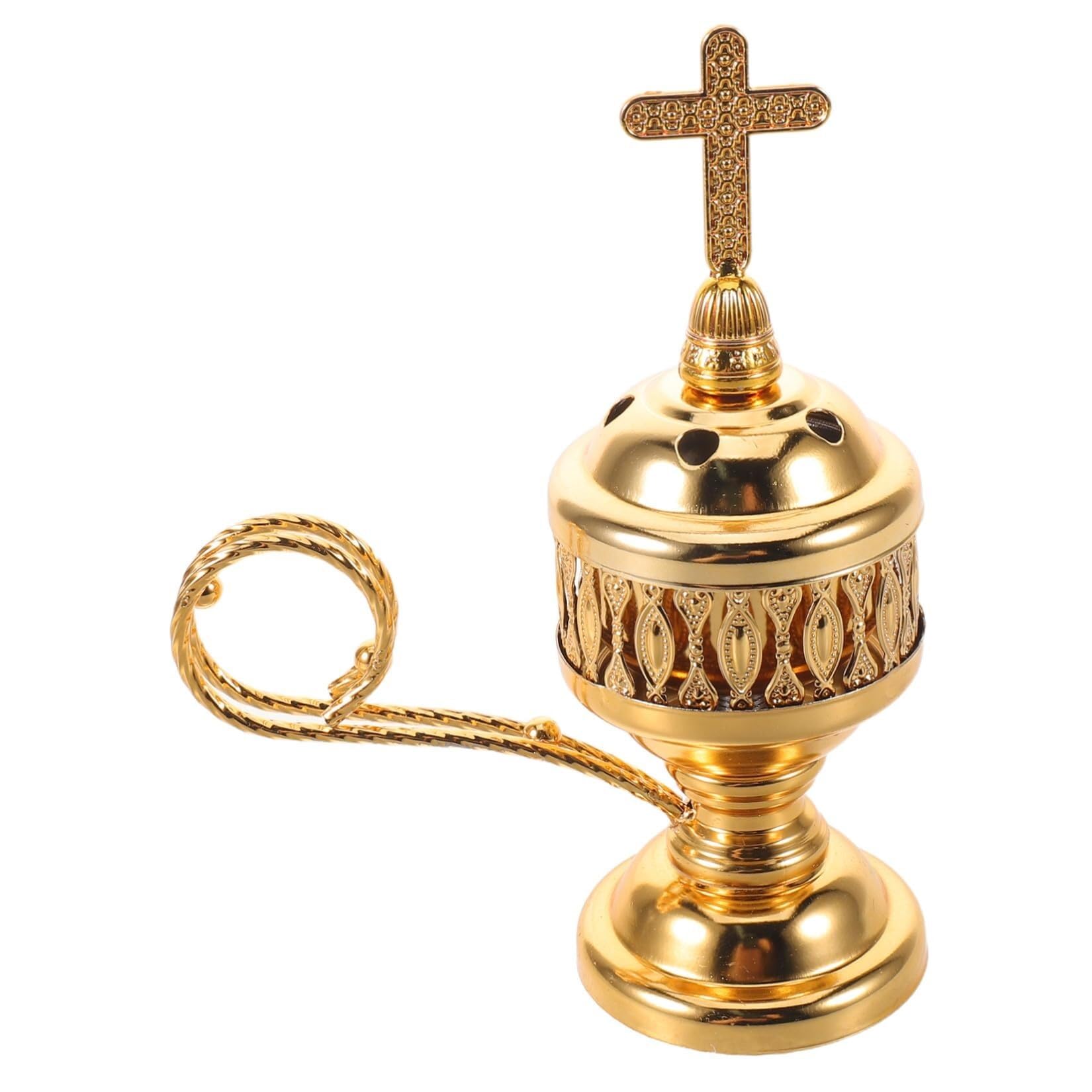 Vintage Metal Incense Burner with Handle,Gold Cross Incense Censer for Aromatherapy & Meditation