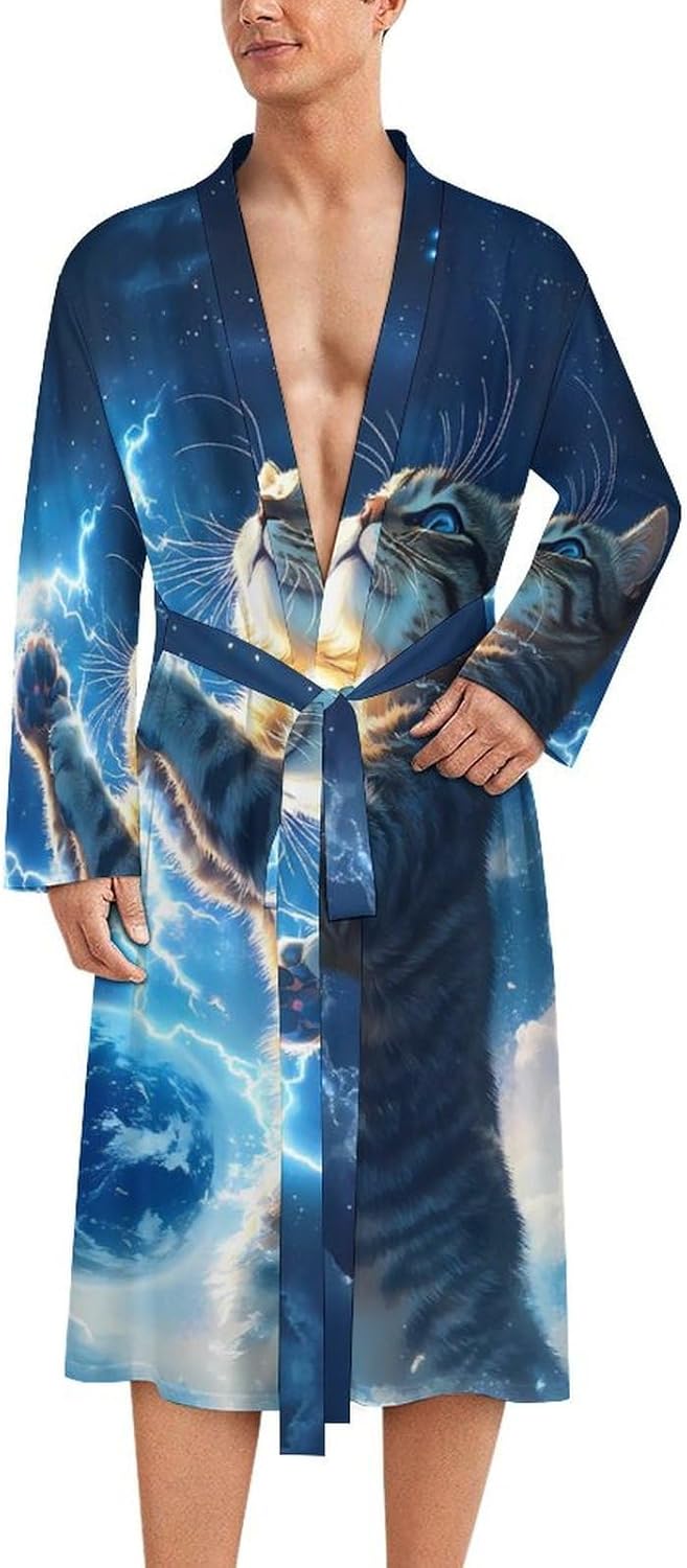 Thunderbolt Cat Men's Robe Soft Bathrobe V Neck Loungewear Sleepwear Nightgown Dressing Gown