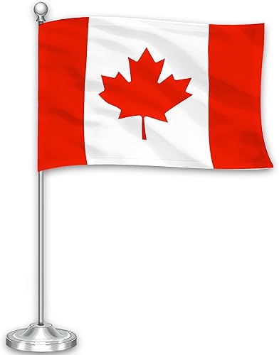 G128 Juego de banderas de escritorio canadienses canadienses de lujo | 8.5 x 5.5 pulgadas | Poliéster 300D impreso, con cúpula y base plateadas,