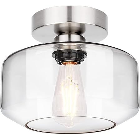 Modern Glass Flush Mount Ceiling Light - Clear Seeded Glass Shade With Brushed Nickel Finish For Hallway, Bedroom & Kitchen