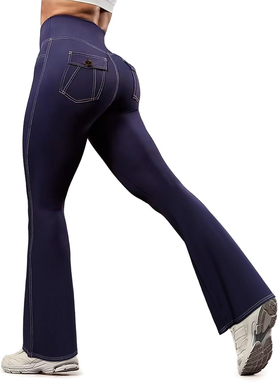 SEASUM Women High Waist Scrunch Butt Lift Cargo Flare Yoga Pants Tummy Control Faux Denim Contrast Stitch Pockets