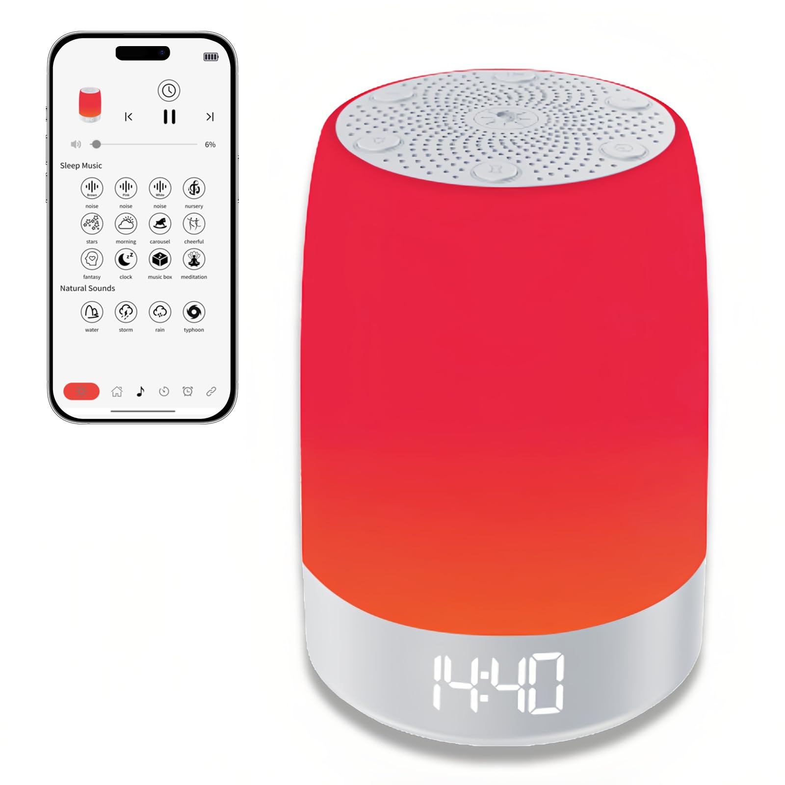 Red Light Sleep Sound Machine – Night Light for Bedroom with 5-Level Red Light Therapy (620–690nm), 32 White Noise & Nature Sounds, Smart App Control, Timer & Wake-Up Alarm Clock