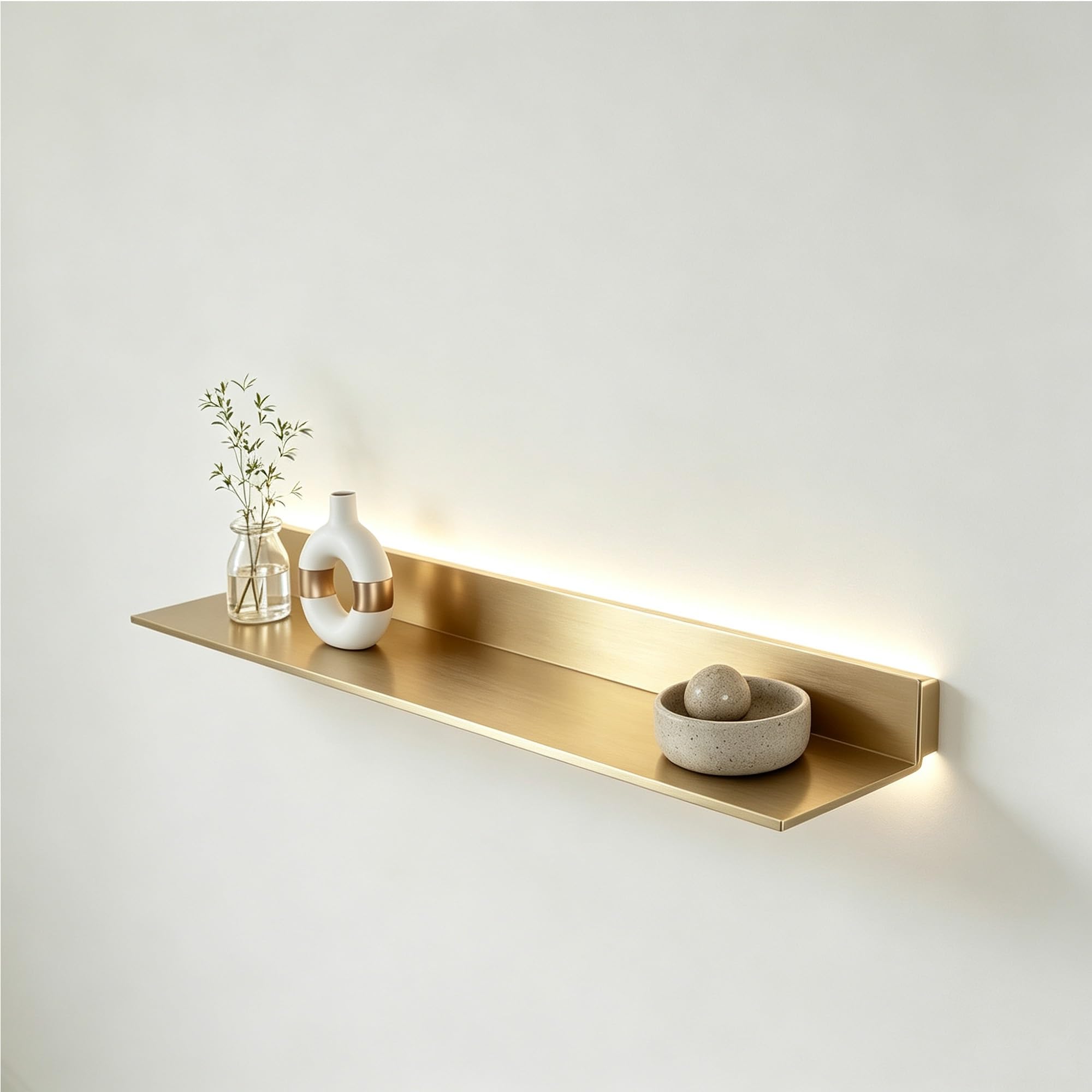 Estanteria con LED,baldas flotantes pared para exhibición y almacenamiento | Retroiluminación LED cálida, diseño flotante invisible, acero resistente, ahorro de espacio(Gold-20cm/7.8in,180cm/71in)