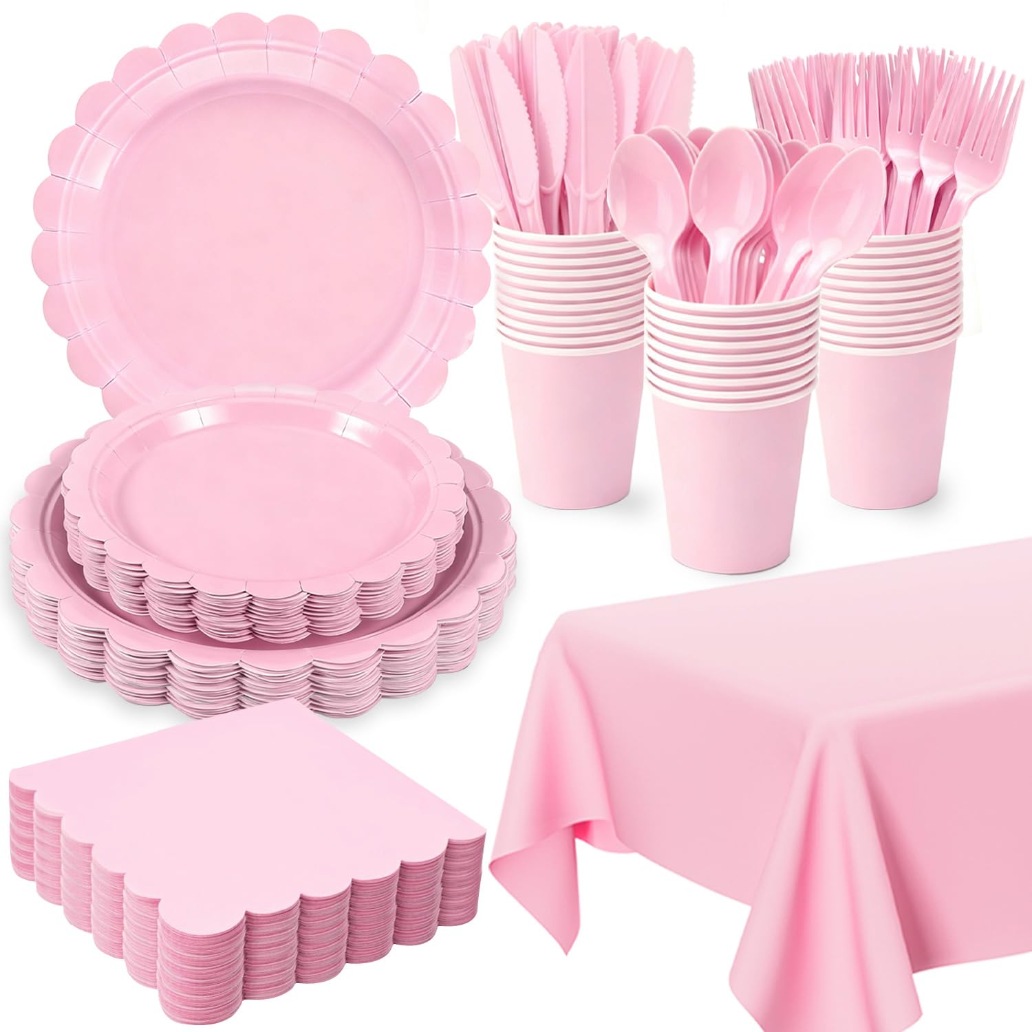 Photo 1 of 176 PCS Pink Party Decorations - Light Pink Scalloped Plates, Napkins, Cups, Cutlery, Tablecloth for Baby Shower, Wedding, Birthday Party Decorations, Serves 25