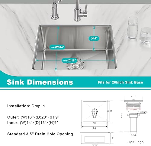 Miniatura 3 de Fregadero de cocina de montaje inferior de 20 x 16 pulgadas, acero inoxidable 304 de un solo tazón, fregadero de cocina pequeño, montaje inferior,