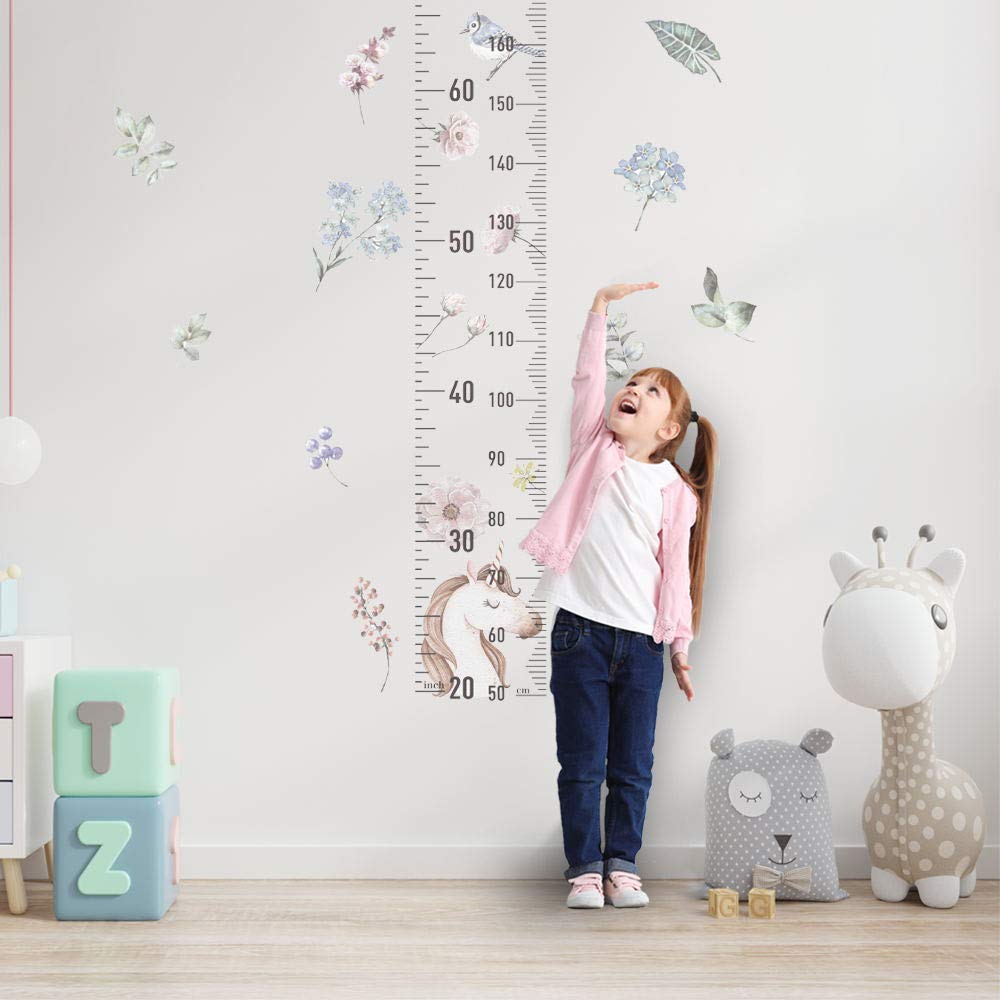 Alwayspon Kids/Girls Room Cute Unicorn Flower Height Ruler Wall Sticker, Removable Watercolor Wall Decals, Peel and Stick Wall Art Murals for Home Nursery Decoration Living Room Decor