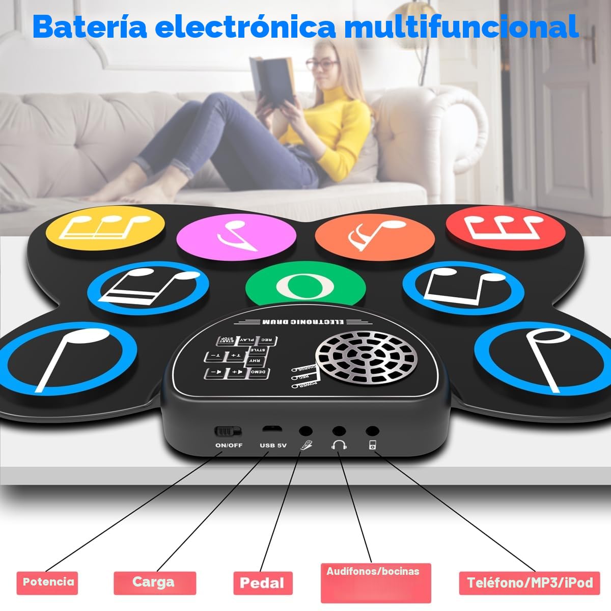 BATERIA ELECTRONICA - BATERIA INFANTIL y ADULTO. Ideal para NIÑOS y principiantes. Con 9 pads, 7 timbres distintos, 10 pistas de demostración y 9 rítmicos. El regalo ideal para Navidad