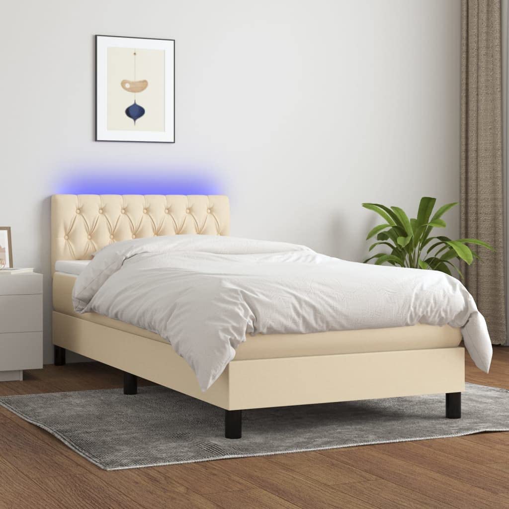 Tkanina z regulowanym zagłówkiem LED 90x190 cm kremowy | Łóżko kontynentalne z materacem kremowe 90x190 cm tkanina z zagłówkiem LED do sypialni