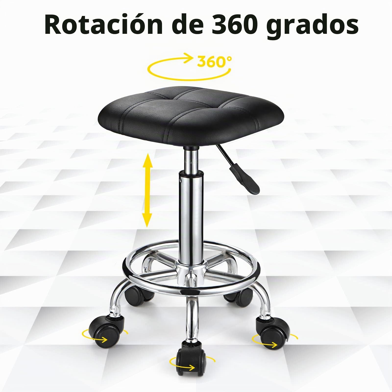 Taburete Cuadrado de Poliuretano con Ruedas, Altura Ajustable, Silla de Oficina, Color Negro