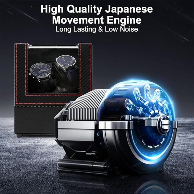 Image of Double Automatic Watch Winder Box, Automatic Watch Display Storage Rotation Wristwatch Box with 2 Slots-Black (CARBON)