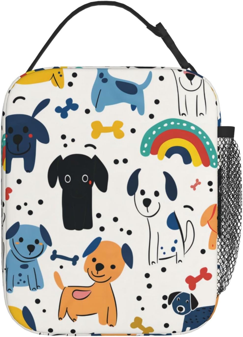 Reusable Dog Lunch Box for Kids Girls Boys Women Adult, Insulated Cute Puppy Lunch Bag,Polyester Cooler Rainbow Handbags Case for School Picnic Work Travel Beach or Hiking (White)