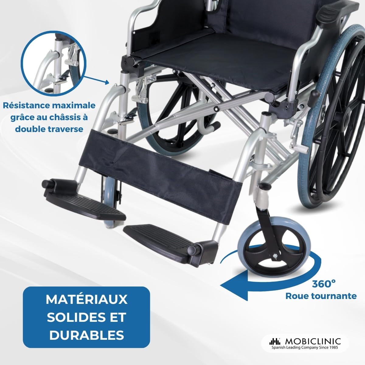 Mobiclinic®, Fauteuil roulant pliable, Léger, Système sous trottoir, Frein de stationnement, Modèle ópera, Aluminium, Roulettes solides, Accoudoirs pliants, Repose-pieds amovibles, Ergonomique