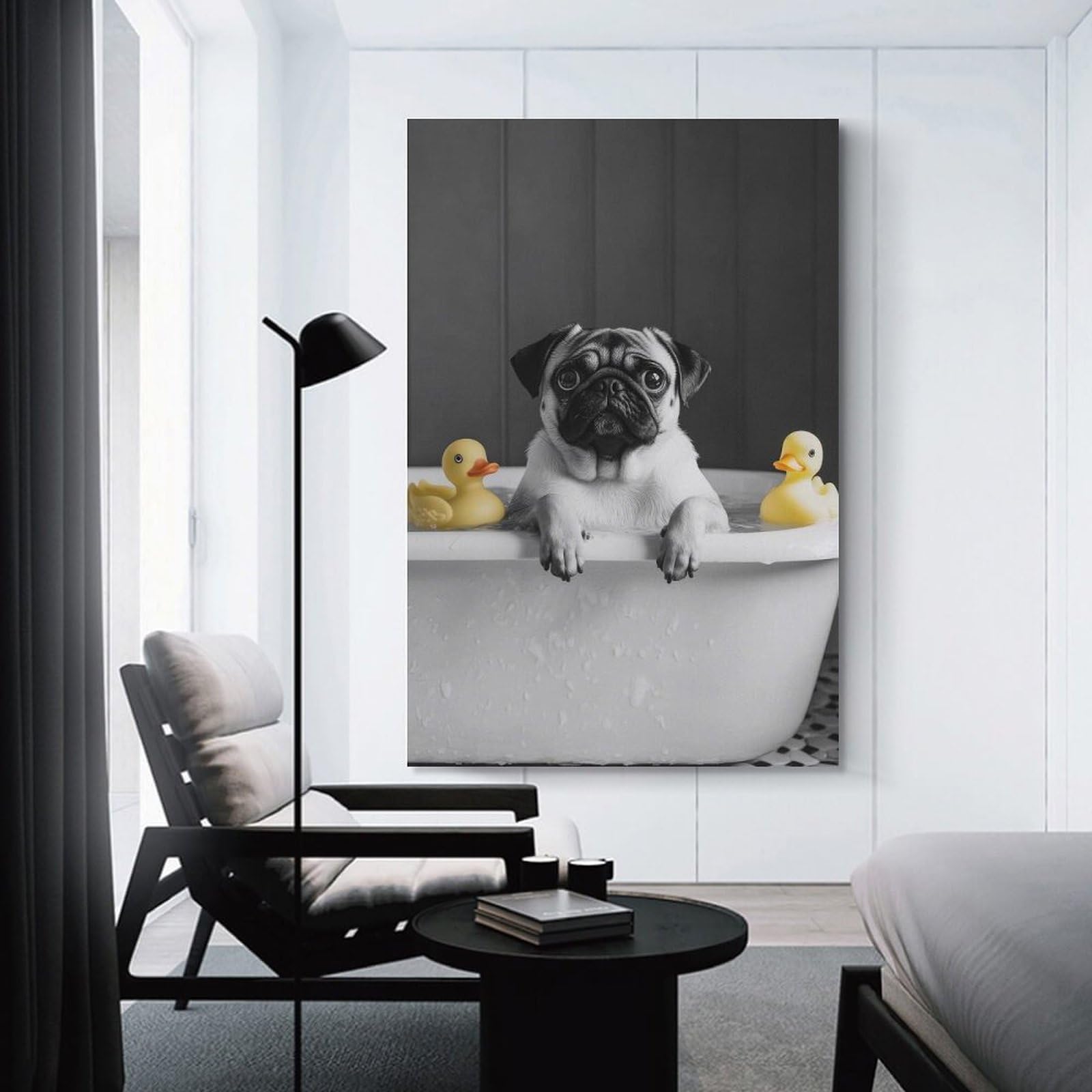 Junmoney Unframe-Style-23 Pug In Bathtub With Rubber Ducks Funny Bathroom Poster Home Decor Wall Art 08X12inch(20X30cm), For Bedroom, Guest Room Or Reading Nook, Decorative Wall Art For Cosy Rooms