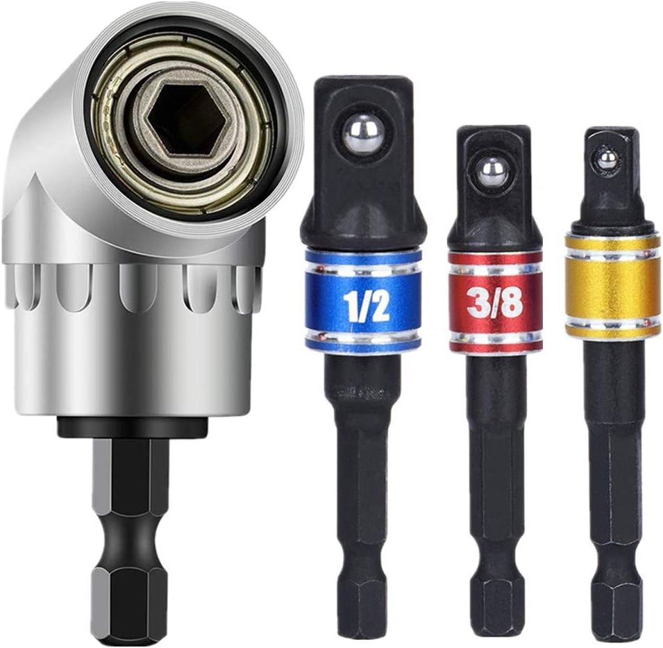 3Pcs Socket Adapter Impact Hex Shank Drill Bits Bar Set 1/4" 3/8" 1/2",1/4" Cr-V Hex Shank Impact Grade Socket Adapter/Extension Set+105 Right Angle Drill Driver Extension Screwdriver Drill Attachment