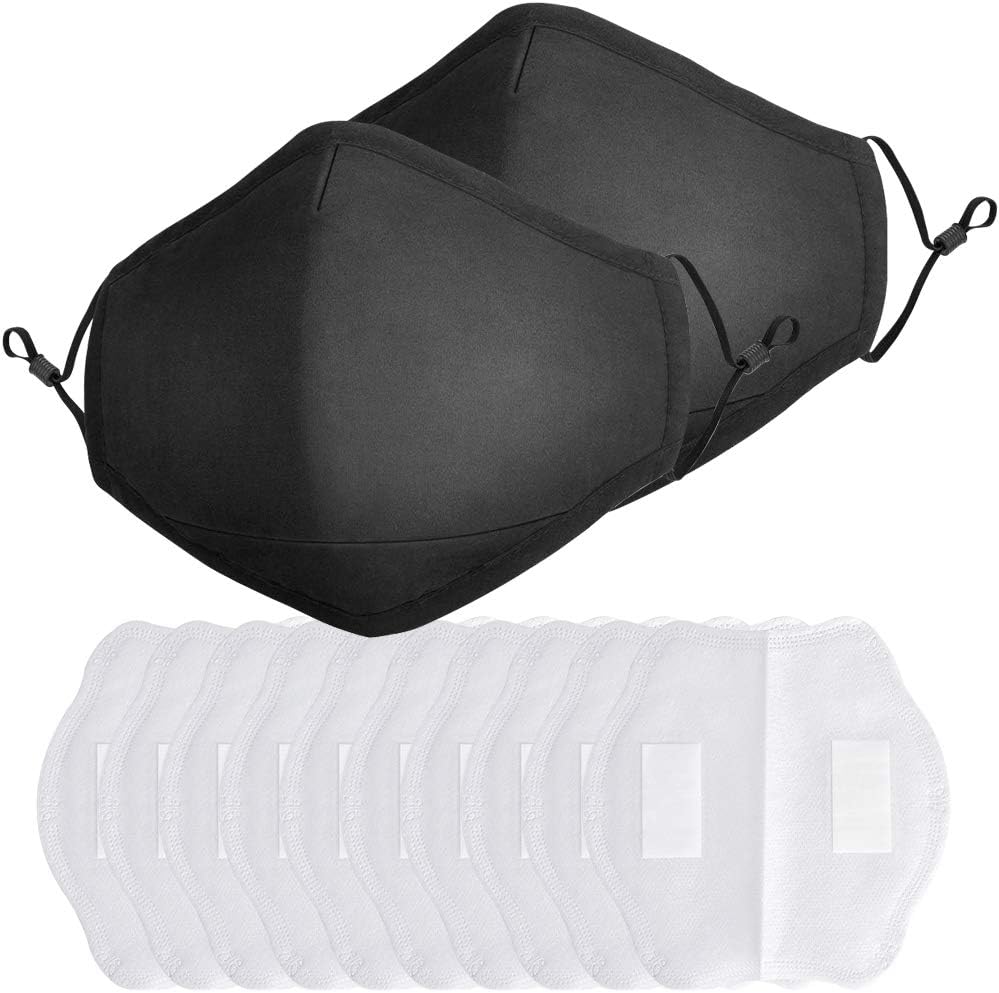 2 Pack Cotton Cloth Face Mask with 10 Pcs Filter, Reusable Washable Breathable Protection Masks with Adjustable Ear Loop for Teens and Adults - Black 2 Pack