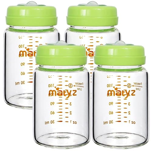 Matyz Botellas de vidrio para almacenamiento de leche materna, paquete de 4 (verde, 6 onzas cada una), borosilicato de grado alimenticio de boca