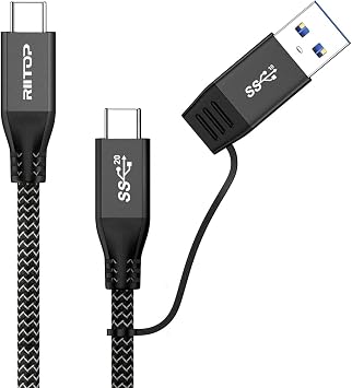 RIITOP USB 3.2 C to C Cable 20Gbps [1FT], Braided 2IN1 USB Type C Y Short Cable E-Marker Chipset Inside with USB C to A Adapter for External M.2 SSD