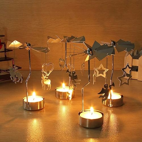 Miniatura 8 de Soporte giratorio para velas de té, 1 portavelas giratorias, candelabros de metal de Navidad, copo de nieve, reno, diseño de árbol de Navidad para