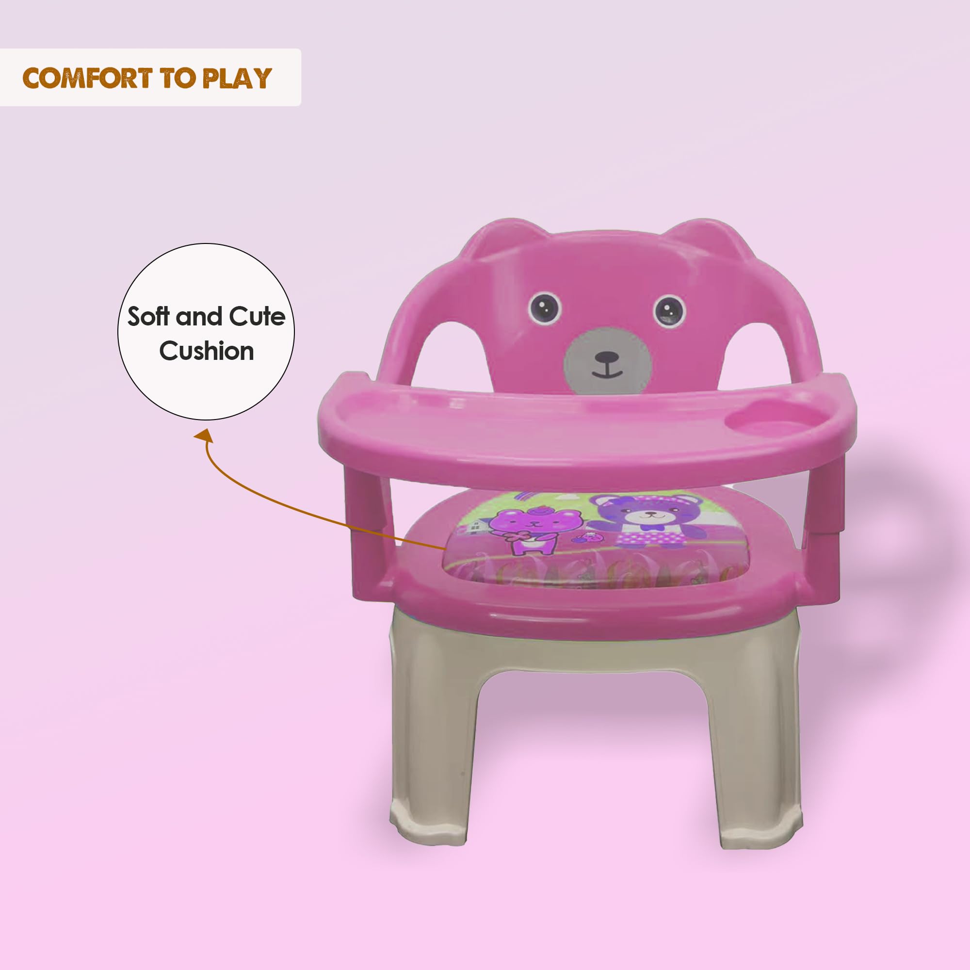 TONY STARK Plastic Chu-Chu squeak sound Feeding Chair With Removable Tray| Soft Cushion Seat & High Backrest With Teddy Bear Design Table ||Strong And Portable Baby Chair|1-4 Years,Upto 30 Kgs - Pink - Image 4 thumbnail