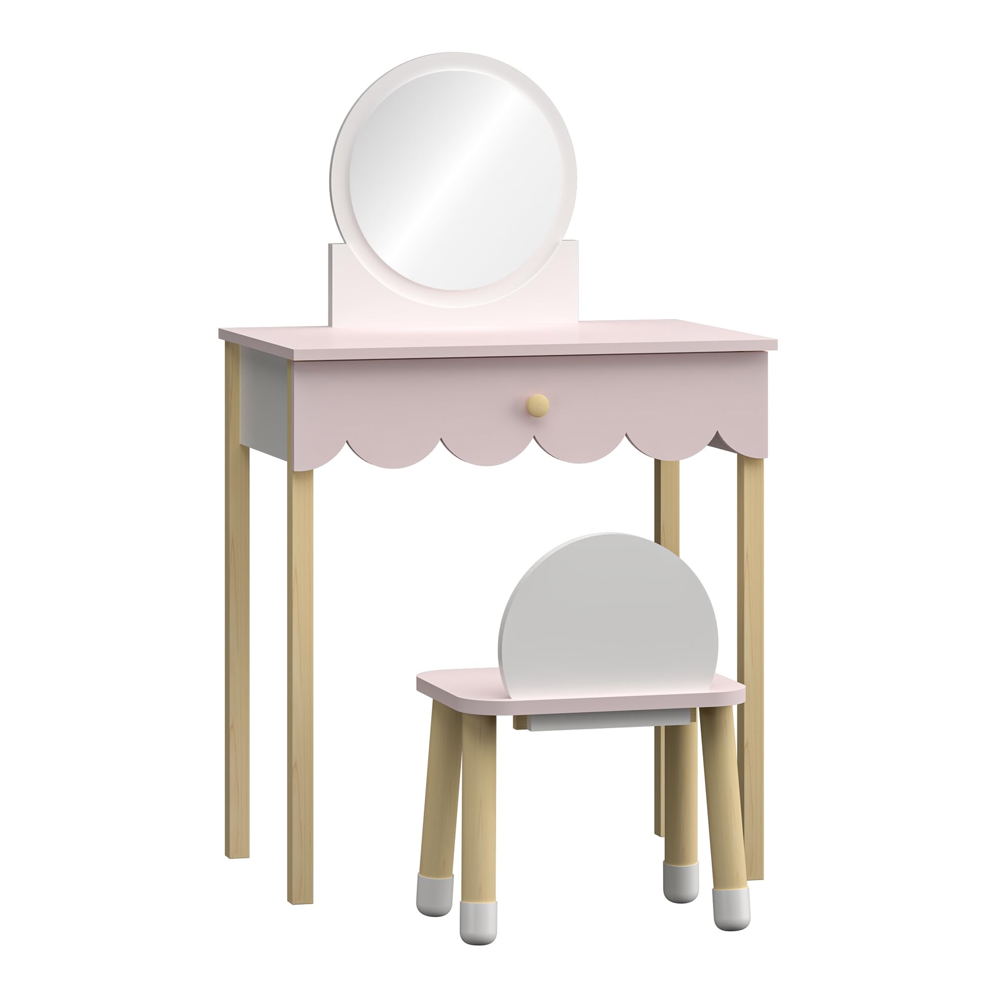 [en.casa] Set di Tavolo da Trucco per Cameretta con Specchio Rotondo e Sedia Tavolino da Toeletta Scrivania con Cassetto e Sgabello per Bambini - Rosa/Bianco