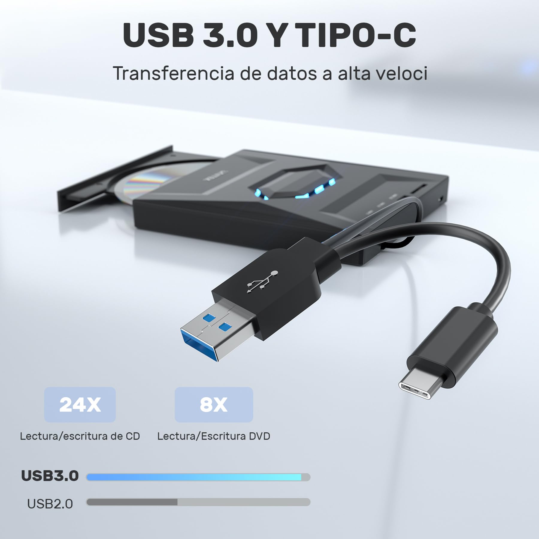 Unitek Unidad externa de CD y DVD,USB C portátil CD/DVD +/-RW,reproductor de DVD con lector de tarjetas SD,USB 3.0, USB C,grabadora de CD ROM compatible con laptop,PC,Windows,Linux,OS, Surface (Negro)