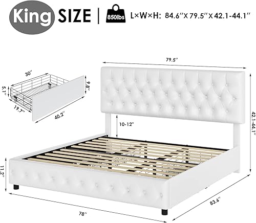 Miniatura 36 de Keyluv Moderna base de cama tapizada con 4 cajones de almacenamiento, plataforma de piel sintética con cabecera capitoné con botones, soporte de
