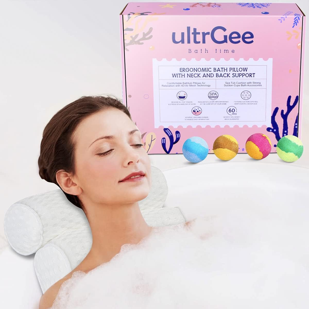 ULTRGEE Ergonomic Bath Pillow with 4 Bath Bombs Gift Set - 7 Supports for Neck and Back - Comfy Bathtub Pillows for Relaxation with 4D Technology- Spa Hot Tub Cushion Luxury Bath Accessories (White)