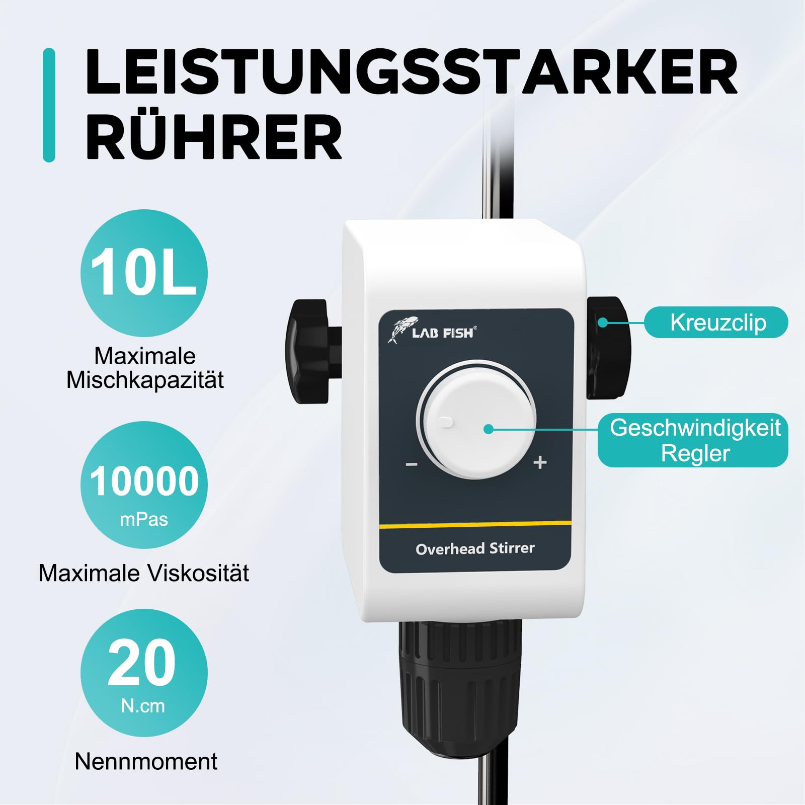 LAB FISH OS-5E Rührwerk Overhead Stirrer, 24W Laborrührer mit Rührblatt & Edelstahl-Ständer, Drehknopf Geschwindigkeit 100-1200 U/min, für max. 10L & 10000 mPas