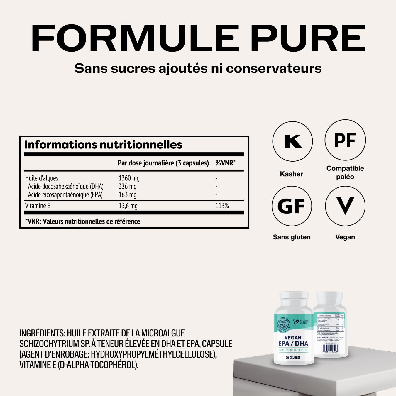 Vimergy Vegan EPA DHA (30 Portions) – Huile d'Algues Oméga 3 – EPA DHA – Huile Oméga 3 – Gélules d’Oméga-3 EPA DHA Sans Gélatine – Sans OGM ni Gluten, Casher (90 Unités)
