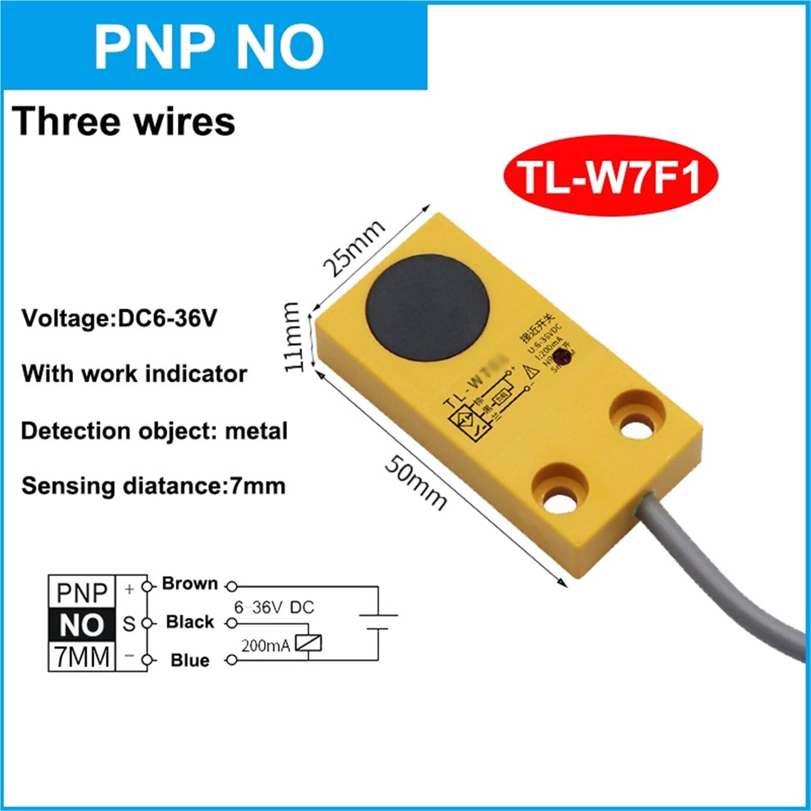 1pcs Inductive Square Proximity Switch Metal Sensor TL-W7 Sensing Distance 7mm Three-Wire NPN/PNP,NO/NC,DC6-36V(DC PNP NO)