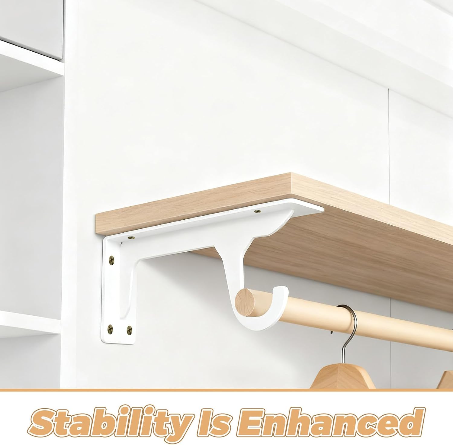 Levemolo 2pcs Closet Rod Support Bracket - 16" Metal Wall Shelf Support with Hanging Hook - Metal Pole Bracket for Wardrobe Rod, Laundry, Clothing Storage White