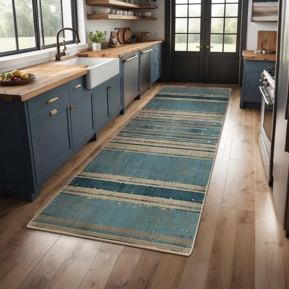 Alfombra de cocina antideslizante azul lavable para evitar caídas y limpiar fácilmente